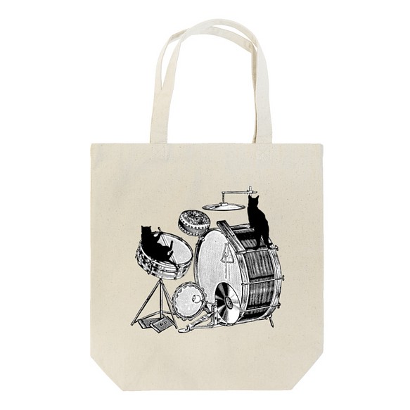 ドラムと黒猫のトートバッグ 1枚目の画像