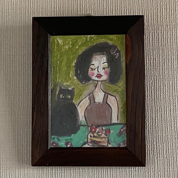 絵画。原画壁掛け【かわいいショートヘアの女の子とイチゴケーキを食べ