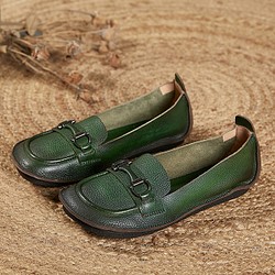 レディースシューズ　本革レザー　オールシーズン　ハンドメイド　天然ゴム 履きやすい　疲れにくい　グリーン色 SH57 1枚目の画像
