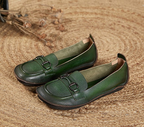 レディースシューズ　本革レザー　オールシーズン　ハンドメイド　天然ゴム 履きやすい　疲れにくい　グリーン色 SH57 1枚目の画像