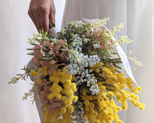 【ウェディングブーケ＆ヘッドドレス】ミモザとお花たちのナチュラルブーケ　ブライダル　花嫁　式