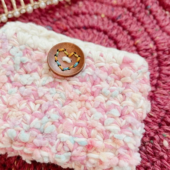桜ポップコーン　可愛い編み物財布　カード財布ポーチ　桜ハンドメイド2023 定期入れ 1枚目の画像