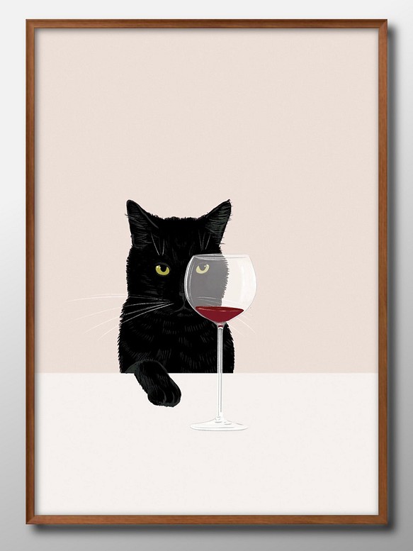 12511■ポスター　絵画　A3サイズ　『猫とワイン』　アート　イラスト　デザイン　北欧　マット紙 1枚目の画像