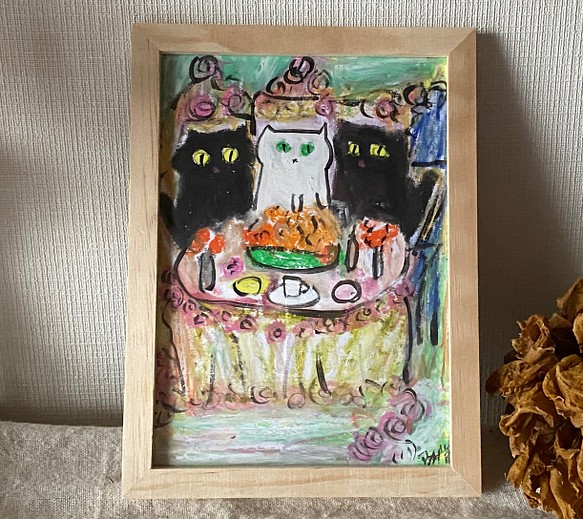 絵画 。原画【猫たちは花に満ちた食卓、美食、ロマンチックなデートを