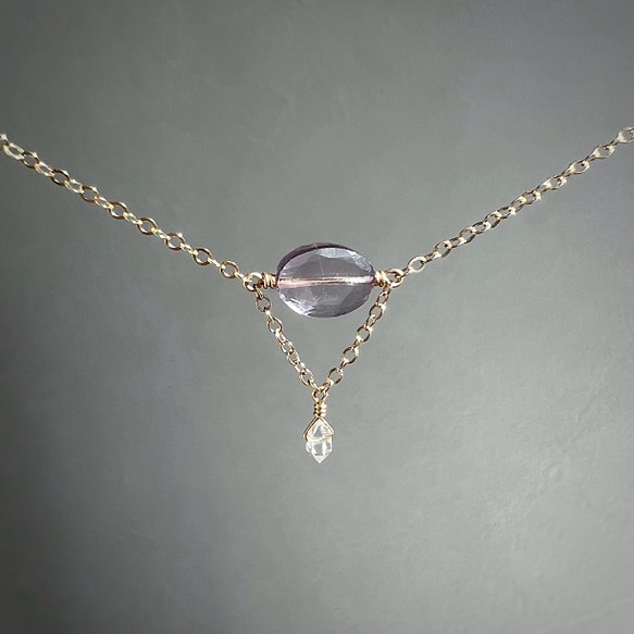 【14KGF】ピンクアメジスト+ハーキマーダイヤモンドのネックレス 1枚目の画像