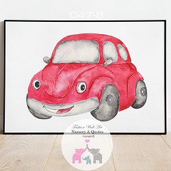 キッズ 可愛い 車 赤 水彩画風 / インテリアポスター / 047-B 1枚目の画像