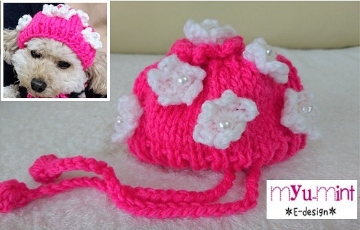 犬服　小型犬 猫ちゃん用　耳が出る帽子　濃いピンク／白いお花　送料無料 1枚目の画像