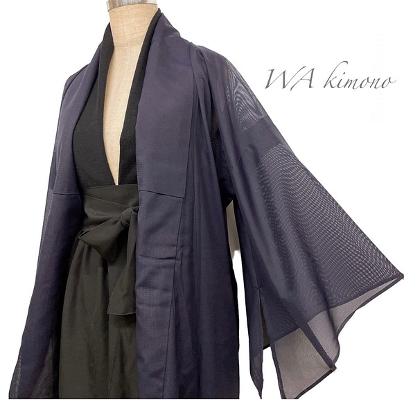 変形羽織りシースルー 羽織 ロング 和装 絽 紫 衣装 着物リメイクB5410n-