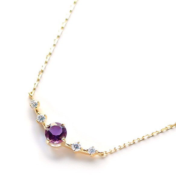 K18 紫水晶和鑽石項鍊（圓形切割）~Ello Lily~ 二月生日石 第1張的照片