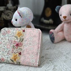 リバティミニ財布 刺繍リボン×カペル（ピンク）×フェリシテ（縮小 C&S