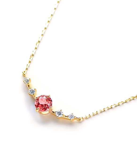 K18 アヤナスピネル(ピンクスピネル) ＆ダイヤモンドのネックレス（ラウンドカット）~Ello Lily~ 8月誕生石 ネックレス