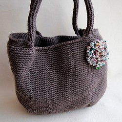 【布綿】花火毛糸編みクラッチバッグ アジサイウールダークコーヒー手編みバッグ 1枚目の画像