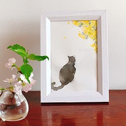 【水彩画】猫の日2023 『ミモザと春を見上げる猫』【原画】 1枚目の画像
