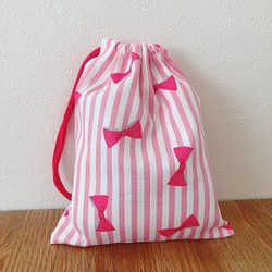 入園入学　給食袋　巾着　ストライプリボン柄　ピンク 1枚目の画像