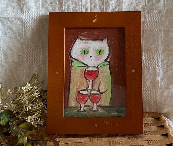 絵画 。原画【白猫はワインパーティーに楽しく参加する】 絵画 アカザ