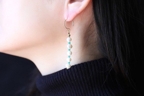 淡水珍珠 x 綠瑪瑙 5 件套耳環 [14kgf] ・耳環 (#993・#994) 第1張的照片