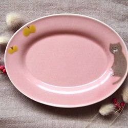 春にゃんにゃ小皿　桃ピンクにグレー猫 1枚目の画像