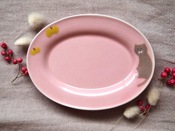 春にゃんにゃ小皿　桃ピンクにグレー猫 1枚目の画像