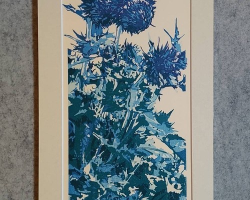 版画作品 藍を重ねて(フジアザミ)