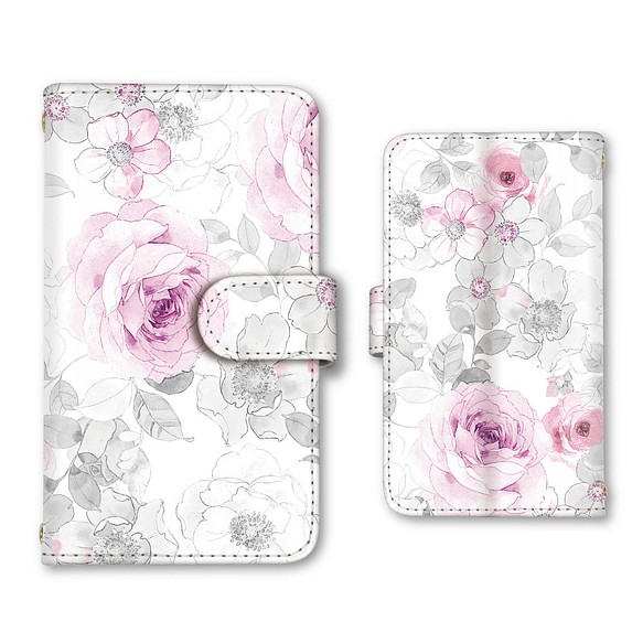 薔薇 バラ 水彩画風 スマホケース 手帳型ケース iPhoneケース 携帯ケース ミラー カード収納ポケット 1枚目の画像
