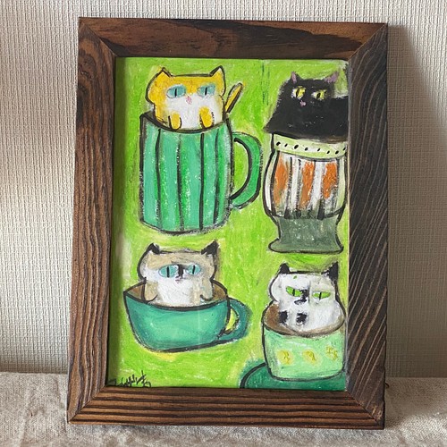 絵画 。壁掛け絵原画【Happy coffee time for cats】01 | www