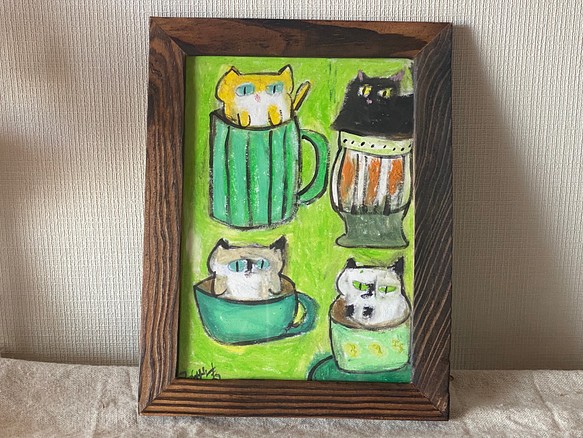 絵画、原画【Happy coffee time for cats】03-