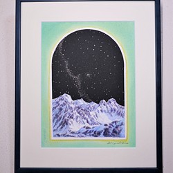 Xmasの頃 前穂高岳と星座 北アルプス 水彩画 登山 自然 額28cmの正方形