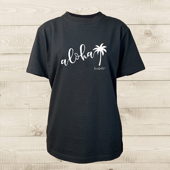 ハワイアンデザインTシャツ ハワイの挨拶ALOHA アロハ ヤシの木のイラスト ノースショア ハワイ 半袖カットソー 1枚目の画像