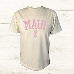 ハワイアンデザインTシャツ マウイ島の名前ロゴ MAUI ハワイの島 オアフ島 パイナップルのシルエット 半袖カットソー 1枚目の画像