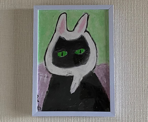 絵画 。原画【ウサギの帽子をかぶったかわいい黒猫】 絵画 アカザ麦