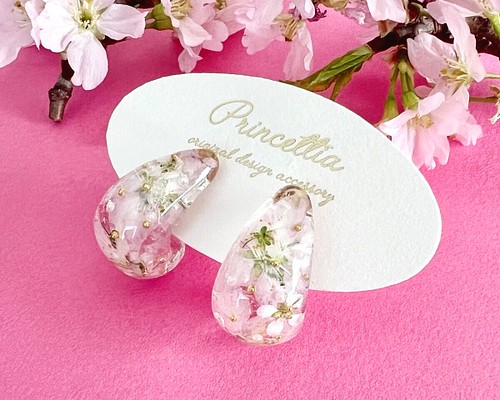 ぷっくりしずく型 本物の桜 sakura ＊ピアス・イヤリング ...