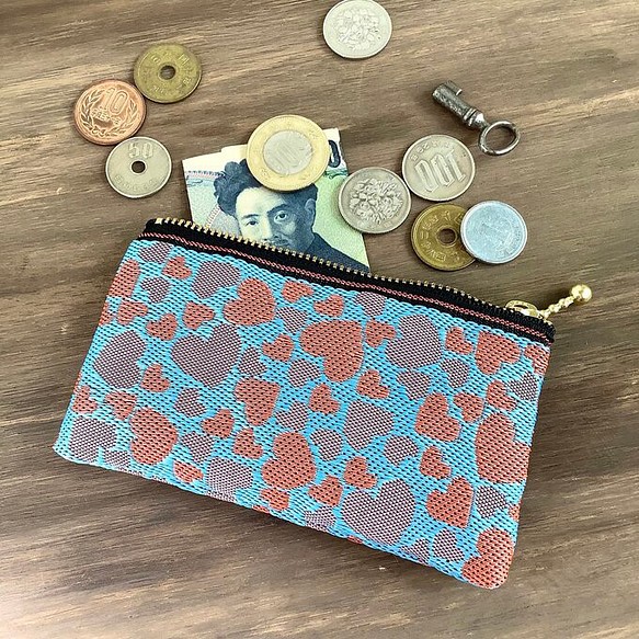 畳縁　硬幣錢包　名片夾　日式　心形圖案　杏色和淺藍色 第1張的照片