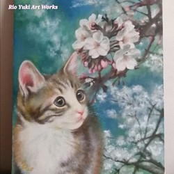 桜と子猫の絵 油絵原画「The arrival of spring」 絵画 Rio Yuki 通販 