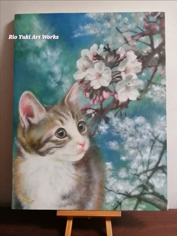桜と子猫の絵　油絵原画「The arrival of spring」 1枚目の画像