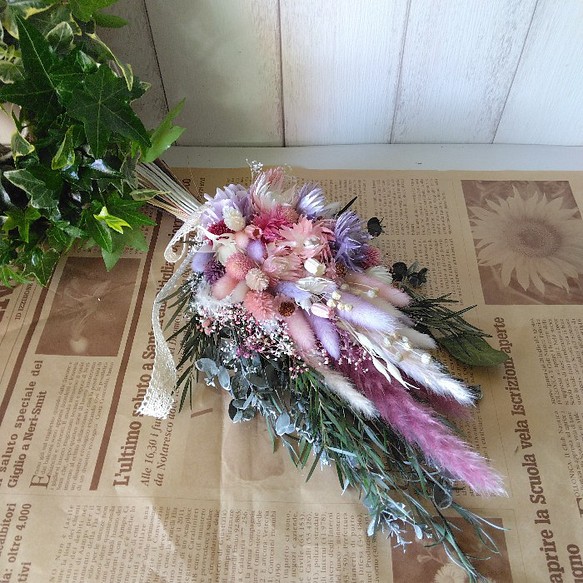 現品】スワッグ アンティークピンク 花束 長さ45㎝ 幸福を呼ぶ 壁飾り