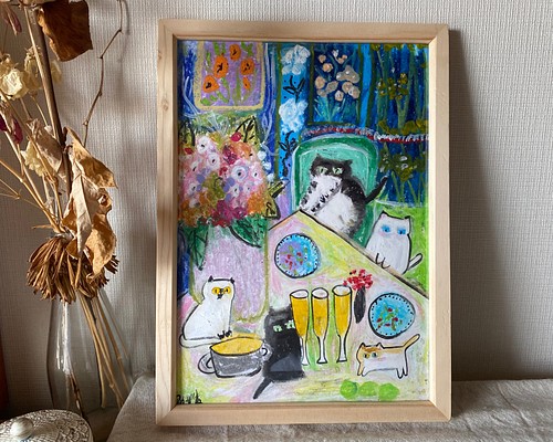輝い 絵画 。手描き原画【猫たち、花とコーヒーのロマンチックな