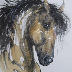 淡い茶色の馬のポートレート２０２３（墨絵、厚い和紙３１，５ｃｍ×２３，４ｃｍ、墨、パステル、アクリル） 1枚目の画像