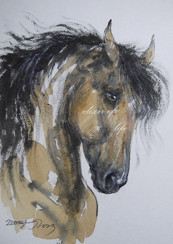 淡い茶色の馬のポートレート２０２３（墨絵、厚い和紙３１，５ｃｍ×２３，４ｃｍ、墨、パステル、アクリル） 1枚目の画像