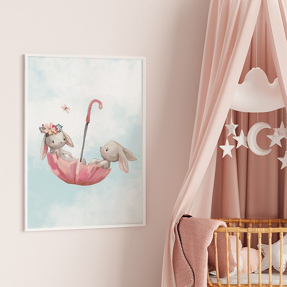 うさぎのポスター　/ i1222 / 傘で空を舞うウサギ　うさぎや鹿の親子　子供部屋に　キッズポスター 1枚目の画像