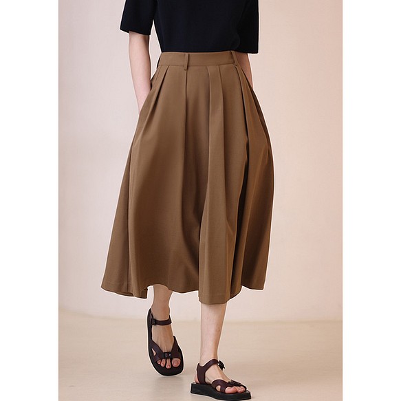 ウール混紡スカートプリーツスカート　テンセル混紡スカート　フレアスカート　ブラウン　S-XL #0175 1枚目の画像