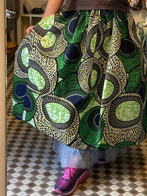 アフリカンスカート　アフリカ布　アフリカンファブリック　ギャザースカート　ふんわりスカート