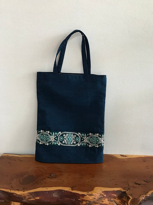 アンティーク着物リメイク 刺繍リボン紬トートbag A4サイズ トート