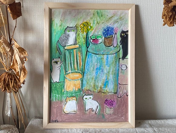 色移り有り 絵画 。手描き【のんびりと時間を過ごし、猫たちは