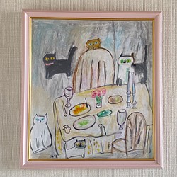 絵画 。壁掛け絵手描き【夕食の前、かわいい猫たち】-