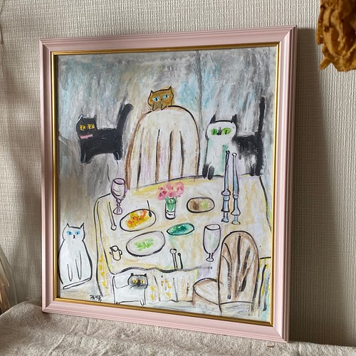 ブランド 新品 絵画 。壁掛け絵手描き【夕食の前、かわいい猫たち