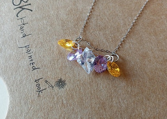 紫色及黃色及透明的鋯石項鍊，925純銀鍊條 第1張的照片