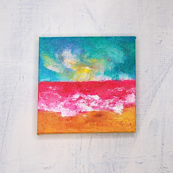 「光さすピンク色の海」キャンバス画　原画　ましかく　ミニ絵画 1枚目の画像