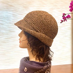 夏天透氣帽子。帥氣奢華後摺。粉橘優質麻線+黃綠金蔥 第1張的照片