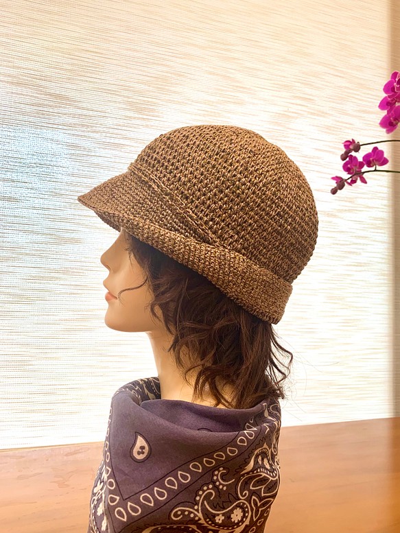 夏天透氣帽子。帥氣奢華後摺。粉橘優質麻線+黃綠金蔥 第1張的照片