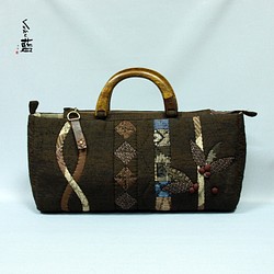 大島と紬の手さげバッグ　木製持ち手　ハンドバッグ　s2172 1枚目の画像